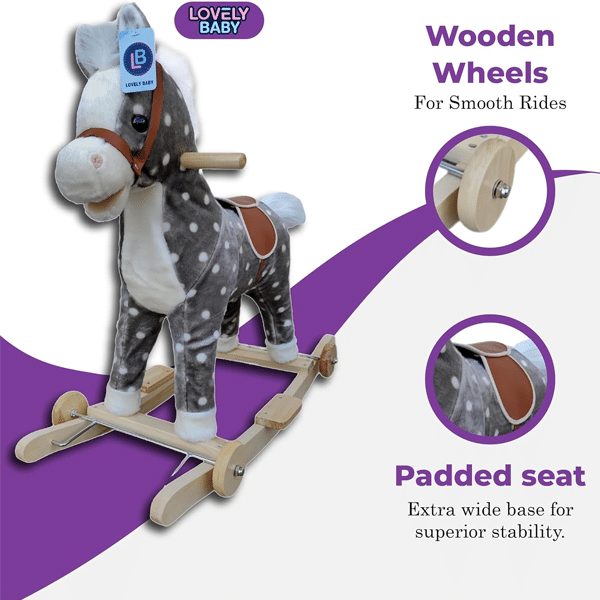 Ride-On Rocking Horse with Wooden Wheels - LB 501W, Soft Material (Grey) - الصورة 3