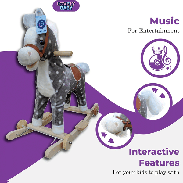 Ride-On Rocking Horse with Wooden Wheels - LB 501W, Soft Material (Grey) - الصورة 2