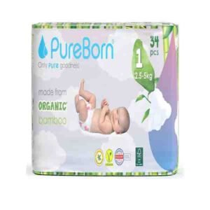 Pureborn 34Pcs Organic Bamboo Diapers Size- 1 ( up to 5kg )