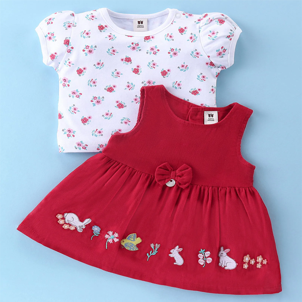 Toffy House Cotton Woven Frock with T-Shirt Bunny Embroidery (NB - 9M) - الصورة 2