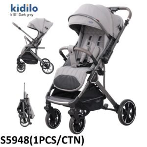 Kidilo K101 Dark Grey 4-Wheel Stroller - Premium Quilted Seat, Reversible Handle, Compact Fold