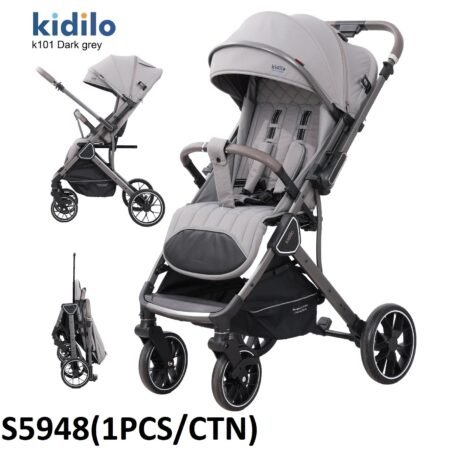 Kidilo K101 Dark Grey 4-Wheel Stroller - Premium Quilted Seat, Reversible Handle, Compact Fold