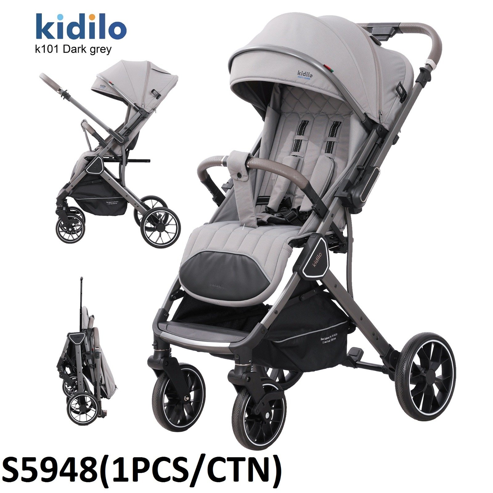 Kidilo K101 Dark Grey 4-Wheel Stroller - Premium Quilted Seat, Reversible Handle, Compact Fold