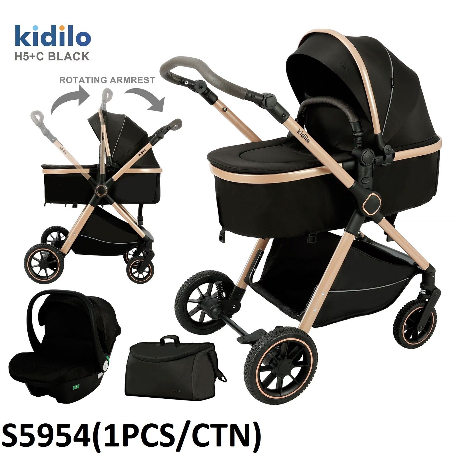 Kidilo H5+C 3-in-1 Stroller Bundle - Black/Rose Gold - baby land
