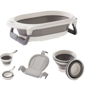 4 in 1 Foldable Baby Bathtub Set,Space-Saving,Ideal for Daily Baby Care,1 Bathtub,1 Mesh Mat,1 Scoop, 1 Bucket