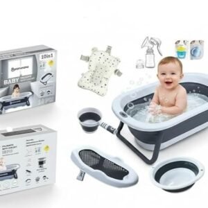 POPYPAPA Foldable Baby Bath Tub Set, 10-in-1 with Temperature Display, Mini Washing Machine, Multicolour Grey