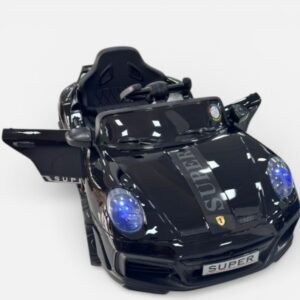 This black Porsche RUF licensed children's electric ride-on car features a 24V drive with all-wheel drive, leather seating, and EVA rubber tires