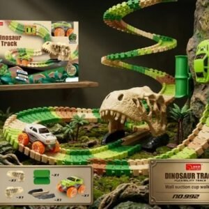 This JitteryGit Dinosaur Track set includes flexible, multi-colored track pieces and a T-Rex skull feature that suction to walls 245  PCS