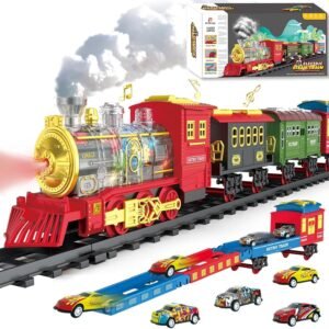 Electric Train Set with Smokes, Lights and Sound (ON/Off) Rechargeable Christmas Train Toys for 4 5 6 7 8+ Years Old Kids Gifts