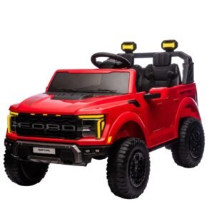 Ride on Car Licensed Ford F-150 Raptor, Kids Electric Car with Remote Control, LED Light/Music/MP3, Truck Bed Storage, Point Seat Belt (Red)